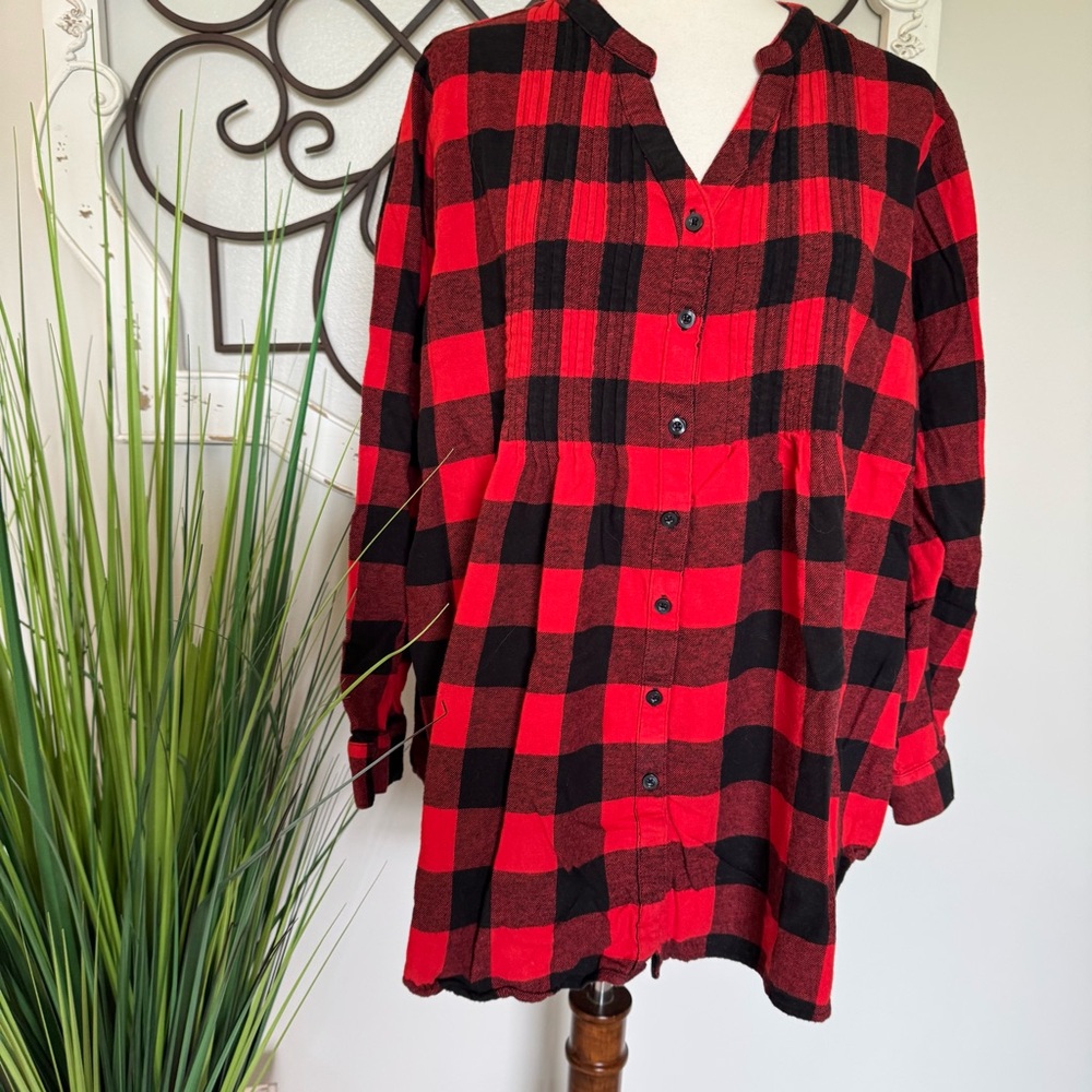 WOMAN WITHIN Size 1X (22/24) Black & Red Flannel Country Western Blouse Top